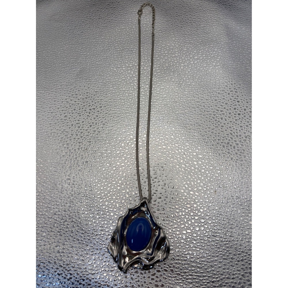 Vintage Silver Tone Abstract Molten Blue Cabochon Statement Pendant Necklace